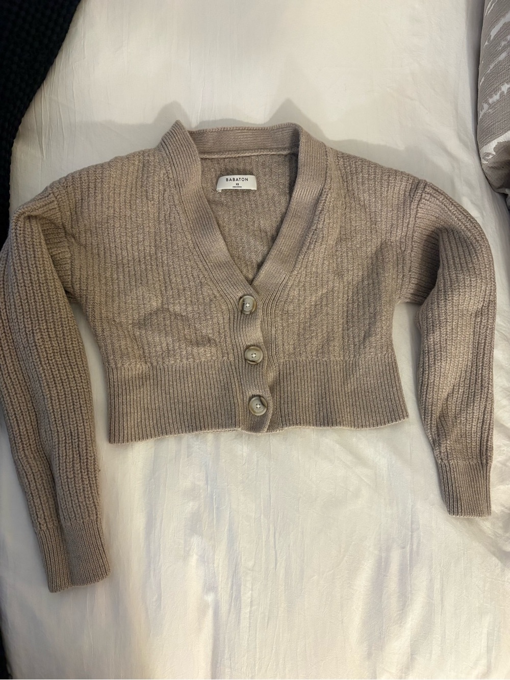 Babaton Cropped Taupe Ribbed Button Cardigan